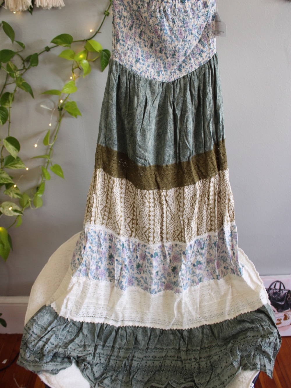 NWT Angie Boho Patchwork Tiered Maxi Dress Size S Floral Cottagecore - Picture 4 of 13